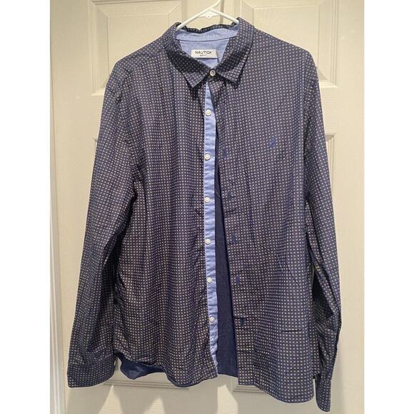 NAUTICAL Men's Navy Slim Fit Buttoned Dress Shirt Sz XL Gold Geometric Pattern - Picture 1 of 7